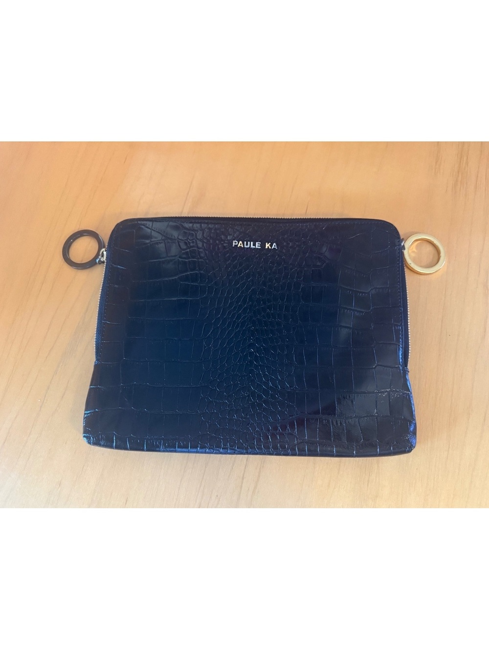 Paule Ka Black Croc Embossed Leather Clutch with Gold Ring Detail